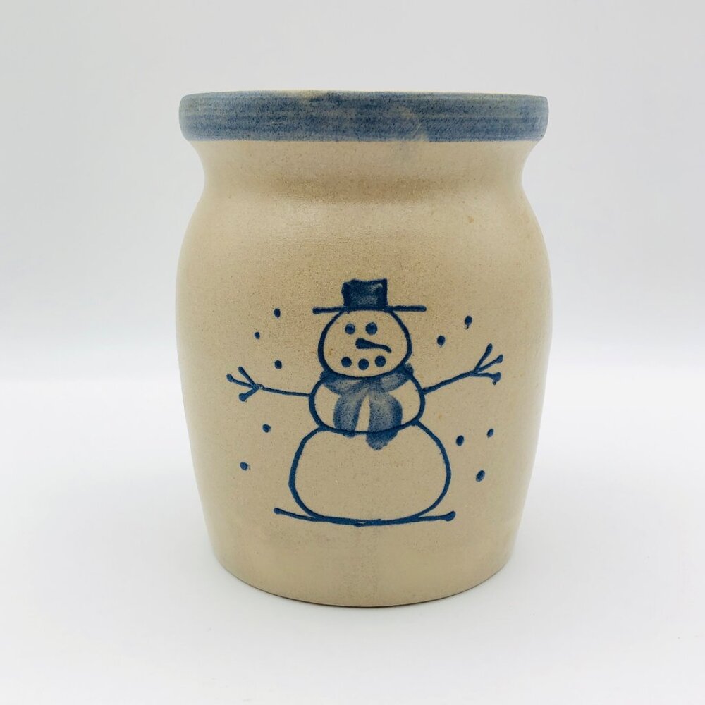 Vintage BBP Crock with Snowman 5.5" Tall Country Farmhouse Blue